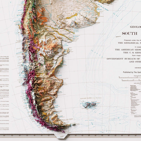 1950 South America shaded relief map print with 3D effect fine art wall decor. VizCart from Vizart.
