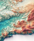 Spain continental, Elevation tint - Spectral, 2D printed shaded relief map with 3D effect of Spain continental with spectral tint. Shop our beautiful fine art printed maps on supreme Cotton paper. Vintage maps digitally restored and enhanced with a 3D effect. VizCart from Vizart