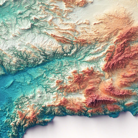 Spain continental, Elevation tint - Spectral, 2D printed shaded relief map with 3D effect of Spain continental with spectral tint. Shop our beautiful fine art printed maps on supreme Cotton paper. Vintage maps digitally restored and enhanced with a 3D effect. VizCart from Vizart