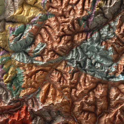 Switzerland, Geological map - 1972, 2D printed shaded relief map with 3D effect of a 1972 geological map of Switzerland. Shop our beautiful fine art printed maps on supreme Cotton paper. Vintage maps digitally restored and enhanced with a 3D effect. VizCart from Vizart