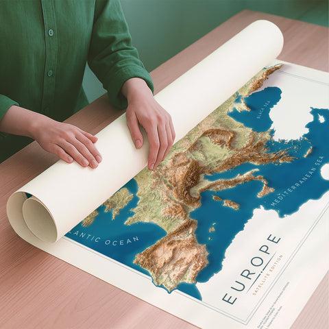 Europe satellite shaded relief elevation map printed on fine art paper rolled poster ready for shipping