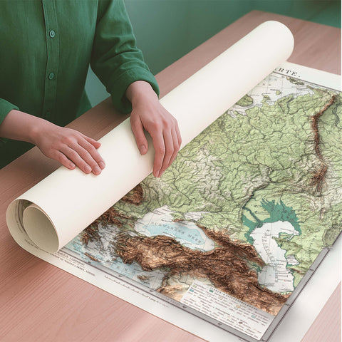 1899 Europe shaded relief topographic map print with 3D effect fine art wall decor. VizCart from Vizart.