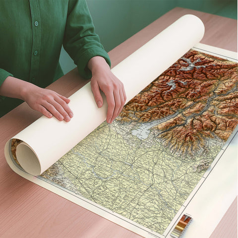 Lombardy (Italy) 1935 topographic restored antique shaded relief map print on fine art paper rolled poster ready for shipping