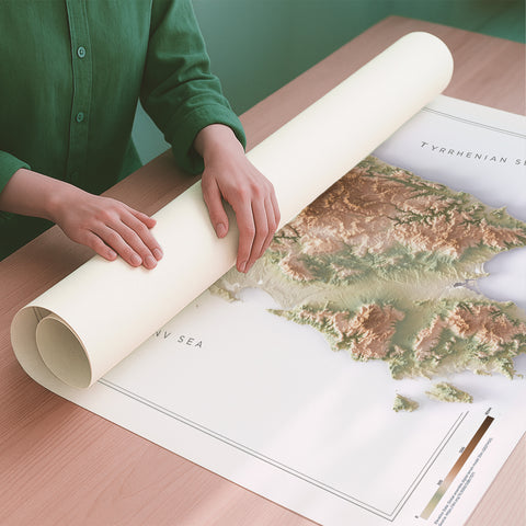 Sardinia (Italy) geo shaded relief elevation map printed on fine art paper rolled poster ready for shipping