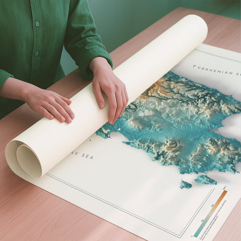 Sardinia (Italy) spectral shaded relief elevation map printed on fine art paper rolled poster ready for shipping