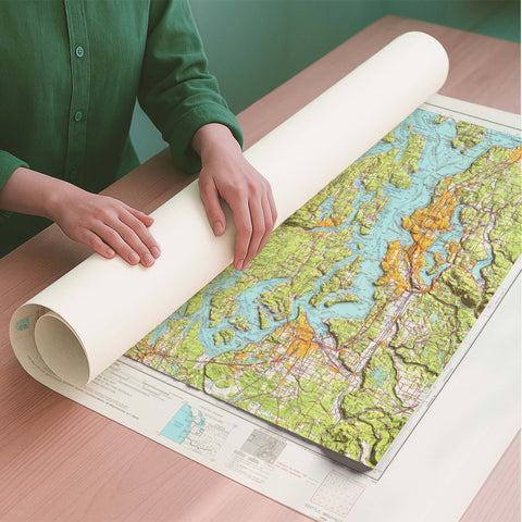 Seattle (USA) 1958 topographic restored antique shaded relief map print on fine art paper rolled poster ready for shipping