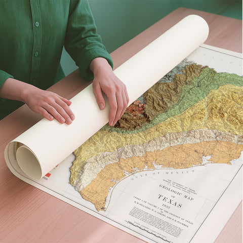 Texas (USA) 1933 geological restored antique shaded relief map print on fine art paper rolled poster ready for shipping