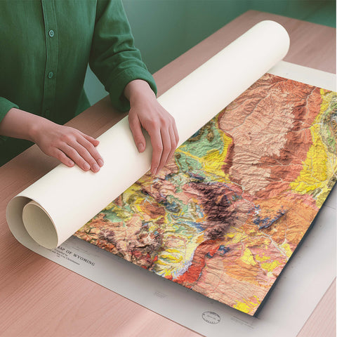 Wyoming (USA) 1985 geological restored antique shaded relief map print on fine art paper rolled poster ready for shipping