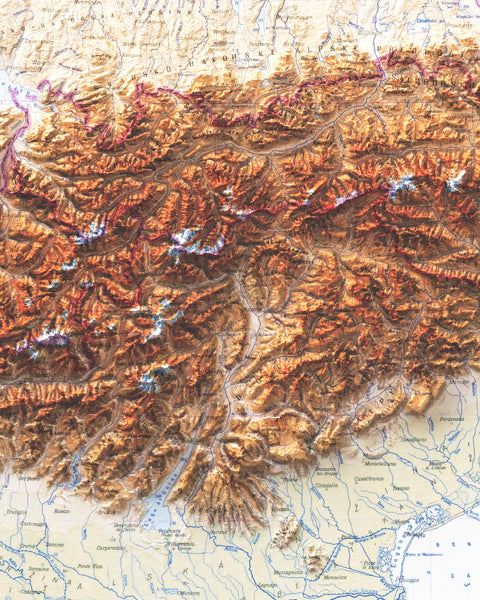 Detail of a topographic shaded relief map of Alps froma  1965 topographic map