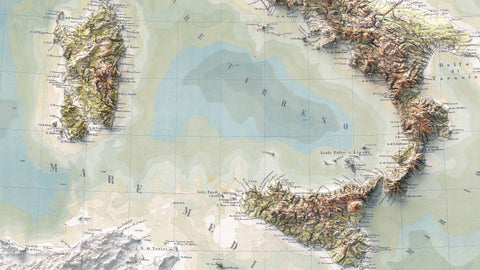 Particular of topographic shaded relief map of Italy from 1888 with Sardinia, Sicily and Calabria