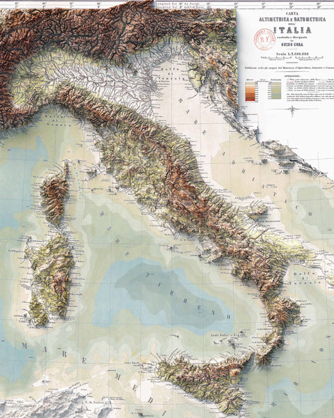 Topographic shaded relief map of Italy from 1888 with bathymetric and elevation information