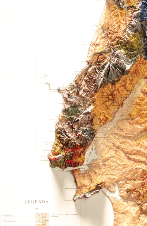 A real picture of Portugal soil map published in 1899 in shaded relief printed in our luster museum paper