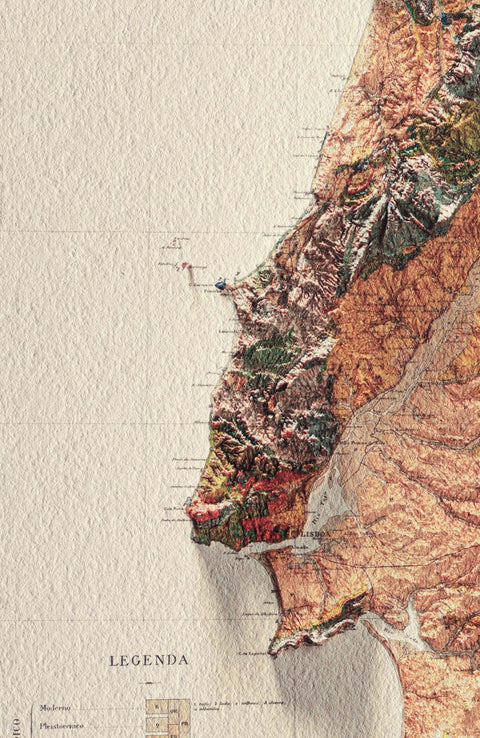 A real picture of Portugal soil map published in 1899 in shaded relief printed in our matte cotton paper