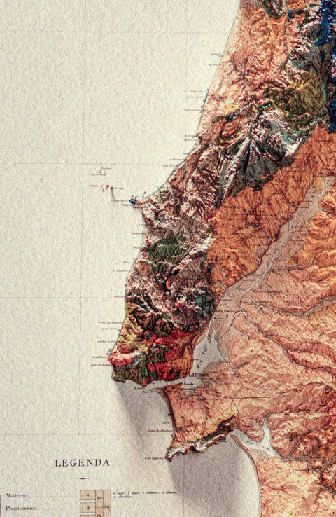 A real picture of Portugal soil map published in 1899 in shaded relief printed in our matte museum paper