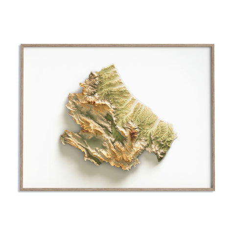 Abruzzo (Italy), Elevation tint - Geo, 2D printed shaded relief map with 3D effect of Abruzzo (Italy) with geo hypsometric tint. Shop our beautiful fine art printed maps on supreme Cotton paper. Vintage maps digitally restored and enhanced with a 3D effect. VizCart from Vizart