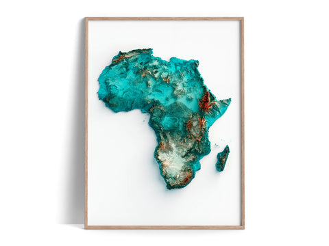 Africa, Elevation tint - Spectral, 2D printed shaded relief map with 3D effect of Africa with spectral hypsometric tint. Shop our beautiful fine art printed maps on supreme Cotton paper. Vintage maps digitally restored and enhanced with a 3D effect., VizCart from Vizart