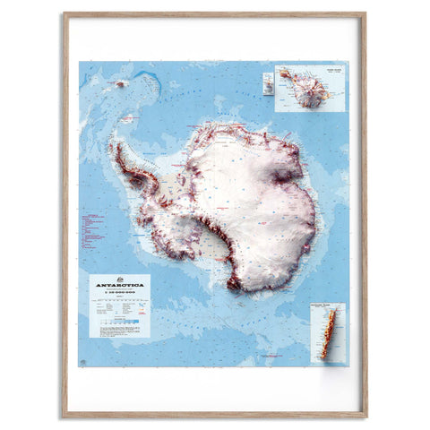 Antarctica, Topographic map - 1986, 2D printed shaded relief map with 3D effect of a 1986 topographic map of Antarctica, with McDonald Islands and Heard Island and Macquarie Island inset. Shop our beautiful fine art printed maps on supreme Cotton paper. Vintage maps digitally restored and enhanced with a 3D effect. VizCart from Vizart