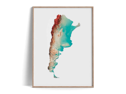 Argentina, Elevation tint - Spectral, 2D printed shaded relief map with 3D effect of Argentina with spectral tint. Shop our beautiful fine art printed maps on supreme Cotton paper. Vintage maps digitally restored and enhanced with a 3D effect., VizCart from Vizart