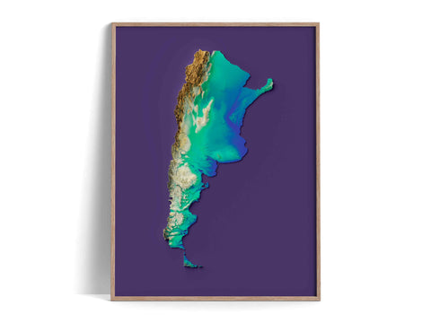 Argentina, Elevation tint - Viridis, 2D printed shaded relief map with 3D effect of Argentina with viridis tint. Shop our beautiful fine art printed maps on supreme Cotton paper. Vintage maps digitally restored and enhanced with a 3D effect., VizCart from Vizart