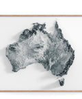 Australia, Elevation tint - White, 2D printed shaded relief map with 3D effect of Australia with white hypsometric tint. Shop our beautiful fine art printed maps on supreme Cotton paper. Vintage maps digitally restored and enhanced with a 3D effect., VizCart from Vizart