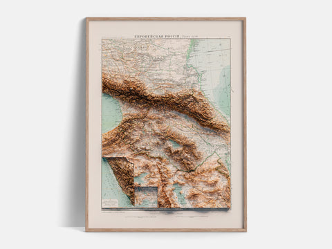 Caucasus, Topographic map - 1909, 2D printed shaded relief map with 3D effect of a 1909 topographic map of Caucasus. Shop our beautiful fine art printed maps on supreme Cotton paper. Vintage maps digitally restored and enhanced with a 3D effect., VizCart from Vizart