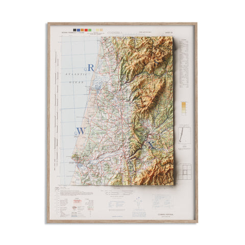 Coimbra (Portugal), Topographic map - 1944, 2D printed shaded relief map with 3D effect of a 1944 topographic map of Coimbra (Portugal). Shop our beautiful fine art printed maps on supreme Cotton paper. Vintage maps digitally restored and enhanced with a 3D effect. VizCart from Vizart