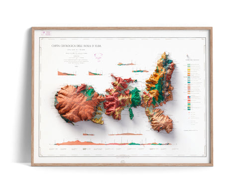 Elba Island (Italy), Geological map - 1884, 2D printed shaded relief map with 3D effect of a 1904 topographic map of Dolomites (Italy). Shop our beautiful fine art printed maps on supreme Cotton paper. Vintage maps digitally restored and enhanced with a 3D effect., VizCart from Vizart