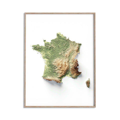 France, Elevation tint - Geo, 2D printed shaded relief map with 3D effect of France with geo elevation tint. Shop our beautiful fine art printed maps on supreme Cotton paper. Vintage maps digitally restored and enhanced with a 3D effect. VizCart from Vizart