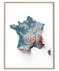 France, Elevation tint - Irid, 2D printed shaded relief map with 3D effect of France with irid elevation tint. Shop our beautiful fine art printed maps on supreme Cotton paper. Vintage maps digitally restored and enhanced with a 3D effect. VizCart from Vizart
