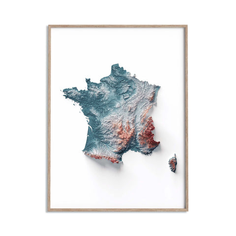France, Elevation tint - Irid, 2D printed shaded relief map with 3D effect of France with irid elevation tint. Shop our beautiful fine art printed maps on supreme Cotton paper. Vintage maps digitally restored and enhanced with a 3D effect. VizCart from Vizart