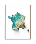 France, Elevation tint - Spectral, 2D printed shaded relief map with 3D effect of France with spectral elevation tint. Shop our beautiful fine art printed maps on supreme Cotton paper. Vintage maps digitally restored and enhanced with a 3D effect. VizCart from Vizart