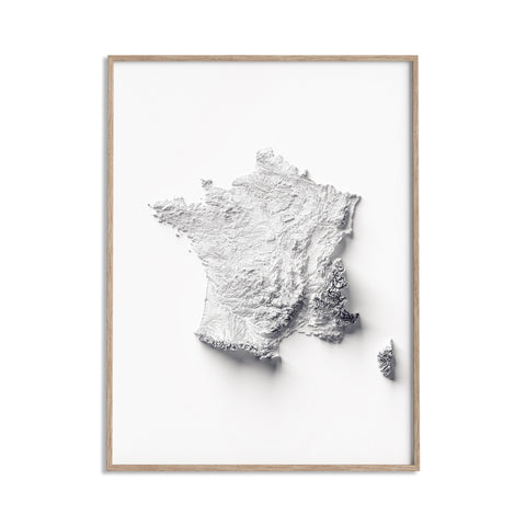 France, Elevation tint - White, 2D printed shaded relief map with 3D effect of France with monochrome white tint. Shop our beautiful fine art printed maps on supreme Cotton paper. Vintage maps digitally restored and enhanced with a 3D effect. VizCart from Vizart