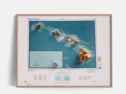 Hawaii (USA), Topographic map - 1974, 2D printed shaded relief map with 3D effect of a 1974 topographic map of Hawaii (USA). Shop our beautiful fine art printed maps on supreme Cotton paper. Vintage maps digitally restored and enhanced with a 3D effect., VizCart from Vizart
