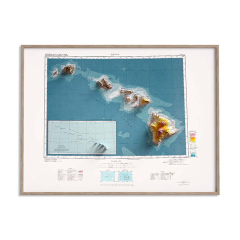 Hawaii (USA), Topographic map - 1974, 2D printed shaded relief map with 3D effect of a 1974 topographic map of Hawaii (USA). Shop our beautiful fine art printed maps on supreme Cotton paper. Vintage maps digitally restored and enhanced with a 3D effect. VizCart from Vizart