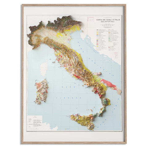 Italy, Soil map - 1966, 2D printed shaded relief map with 3D effect of a 1966 soil map of Italy. Shop our beautiful fine art printed maps on supreme Cotton paper. Vintage maps digitally restored and enhanced with a 3D effect. VizCart from Vizart