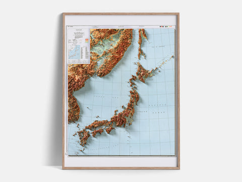 Japan, Topographic map - 1945, 2D printed shaded relief map with 3D effect of a 1945 topographic map of Japan. Shop our beautiful fine art printed maps on supreme Cotton paper. Vintage maps digitally restored and enhanced with a 3D effect., VizCart from Vizart