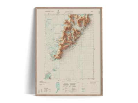 Lofotodden (Lofoten Islands, Norway), Topographic map - 2009, 2D printed shaded relief map with 3D effect of a 1952 topographic map of Flakstad (Lofoten Islands, Norway). Shop our beautiful fine art printed maps on supreme Cotton paper. Vintage maps digitally restored and enhanced with a 3D effect., VizCart from Vizart