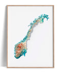 Norway, Elevation tint - Spectral, 2D printed shaded relief map with 3D effect of Europe with spectral hypsometric tint. Shop our beautiful fine art printed maps on supreme Cotton paper. Vintage maps digitally restored and enhanced with a 3D effect., VizCart from Vizart
