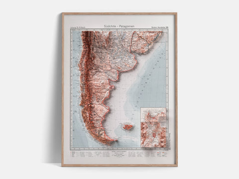 Patagonia, Topographic map - 1925, 2D printed shaded relief map with 3D effect of a 1925 topographic map of Patagonia. Shop our beautiful fine art printed maps on supreme Cotton paper. Vintage maps digitally restored and enhanced with a 3D effect., VizCart from Vizart