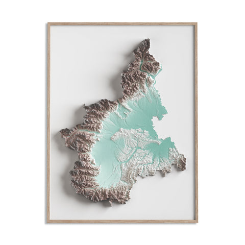 Piedmont (Italy), Elevation tint - Petrol, 2D printed shaded relief map with 3D effect of Piedmont (Italy) with petrol hypsometric tint. Shop our beautiful fine art printed maps on supreme Cotton paper. Vintage maps digitally restored and enhanced with a 3D effect. VizCart from Vizart