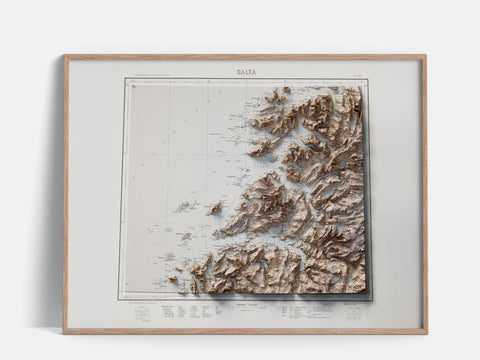 Salta (Norway), Topographic map - 1933, 2D printed shaded relief map with 3D effect of a 1933 topographic map of Salta (Norway). Shop our beautiful fine art printed maps on supreme Cotton paper. Vintage maps digitally restored and enhanced with a 3D effect., VizCart from Vizart