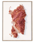 Sardinia (Italy), Elevation tint - Coral, 2D printed shaded relief map with 3D effect of Sardinia (Italy) with coral hypsometric tint. Shop our beautiful fine art printed maps on supreme Cotton paper. Vintage maps digitally restored and enhanced with a 3D effect. VizCart from Vizart