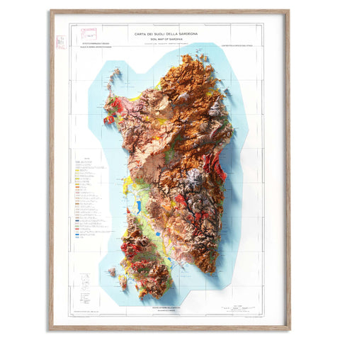 Sardinia (Italy), Soil map - 1960, 2D printed shaded relief map with 3D effect of a 1960 soil map of Sardinia (Italy). Shop our beautiful fine art printed maps on supreme Cotton paper. Vintage maps digitally restored and enhanced with a 3D effect. VizCart from Vizart