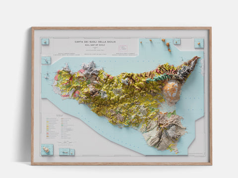 Sicily (Italy), Soil map - 1967, 2D printed shaded relief map with 3D effect of a 1967 soil map of Siciliy (Italy). Shop our beautiful fine art printed maps on supreme Cotton paper. Vintage maps digitally restored and enhanced with a 3D effect., VizCart from Vizart