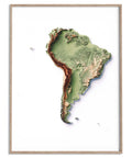 South America, Elevation tint - Geo, 2D printed shaded relief map with 3D effect of South America with geo tint. Shop our beautiful fine art printed maps on supreme Cotton paper. Vintage maps digitally restored and enhanced with a 3D effect. VizCart from Vizart