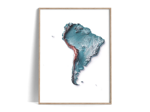 South America, Elevation tint - Irid, 2D printed shaded relief map with 3D effect of South America with irid tint. Shop our beautiful fine art printed maps on supreme Cotton paper. Vintage maps digitally restored and enhanced with a 3D effect., VizCart from Vizart