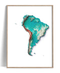 South America, Elevation tint - Spectral, 2D printed shaded relief map with 3D effect of South America with irid tint. Shop our beautiful fine art printed maps on supreme Cotton paper. Vintage maps digitally restored and enhanced with a 3D effect., VizCart from Vizart