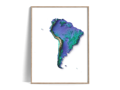 South America, Elevation tint - Viridis, 2D printed shaded relief map with 3D effect of South America with viridis tint. Shop our beautiful fine art printed maps on supreme Cotton paper. Vintage maps digitally restored and enhanced with a 3D effect., VizCart from Vizart