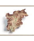 Trentino Alto Adige (Italy), Elevation tint - Geo, 2D printed shaded relief map with 3D effect of Trentino-Alto Adige (Italy) with geo hypsometric tint. Shop our beautiful fine art printed maps on supreme Cotton paper. Vintage maps digitally restored and enhanced with a 3D effect. VizCart from Vizart