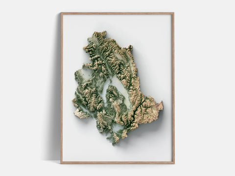Umbria (Italy), Elevation tint - Geo, 2D printed shaded relief map with 3D effect of Umbria (Italy) with geo hypsometric tint. Shop our beautiful fine art printed maps on supreme Cotton paper. Vintage maps digitally restored and enhanced with a 3D effect., VizCart from Vizart